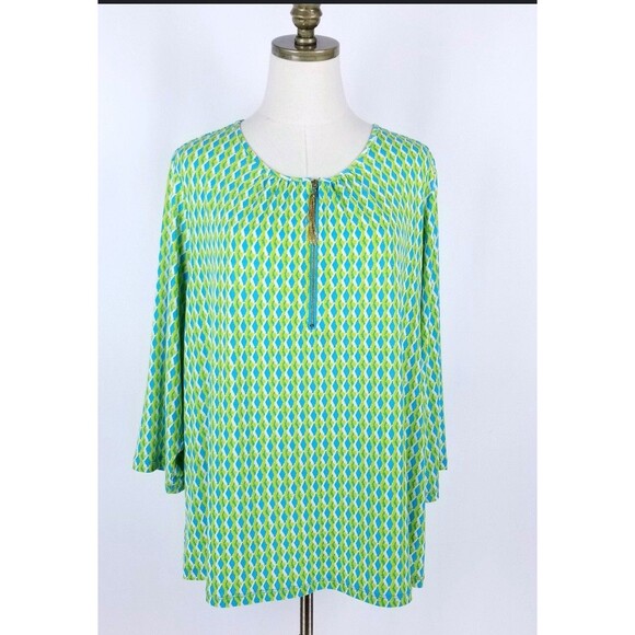 Susan Graver Blouse Sz XL Green Blue Diamond Geometric Pattern 1/4 Zipper - Picture 5 of 8